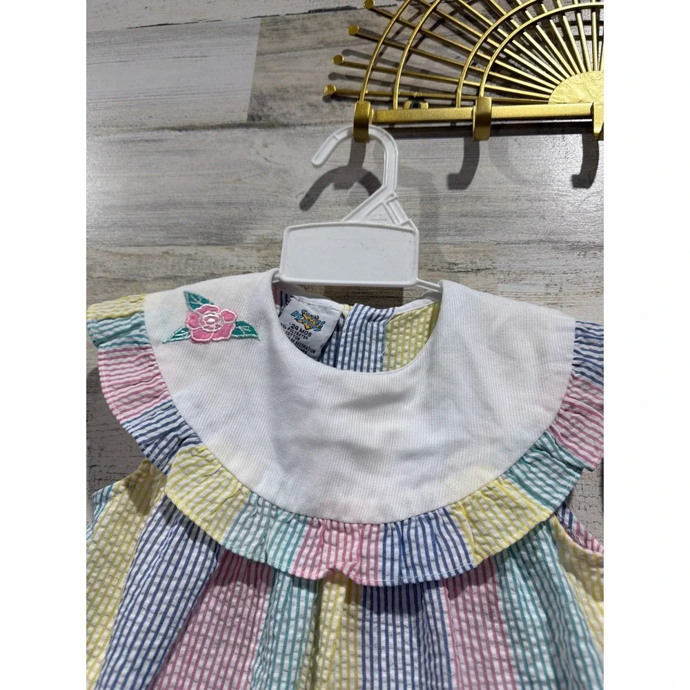 Cuties by Judy Vintage Seersucker Dress Set Girls 24M Stripe Floral Cottagecore